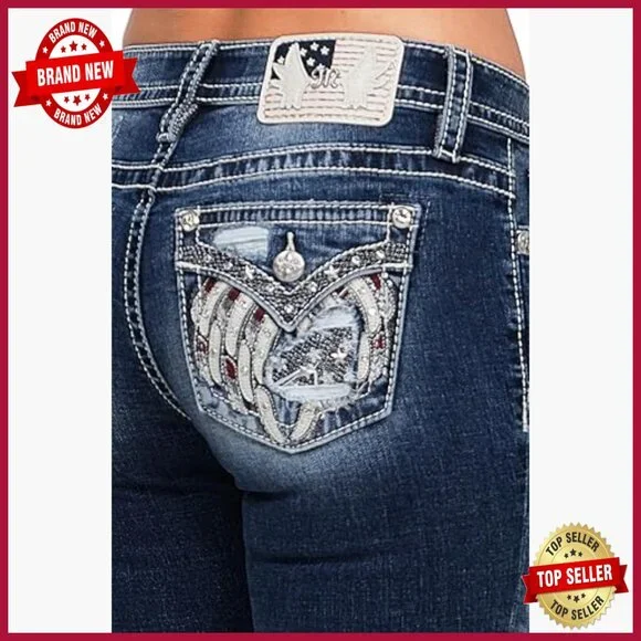 Mid-Rise Bootcut Jeans with Embroidered Wings and Rhinestone Details